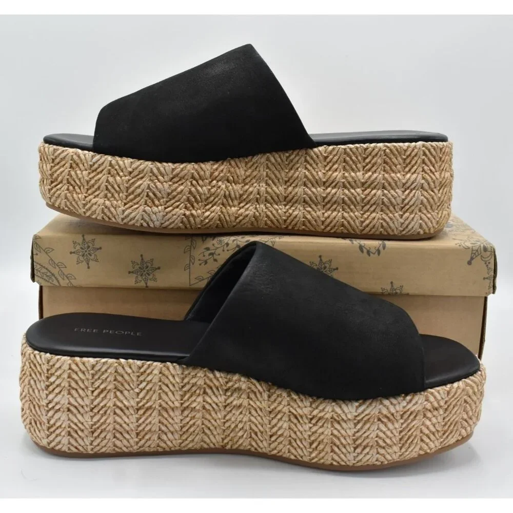 Free People Womens Size 11 Harbor Raffia Black Flatform Sandals‎ Shoes